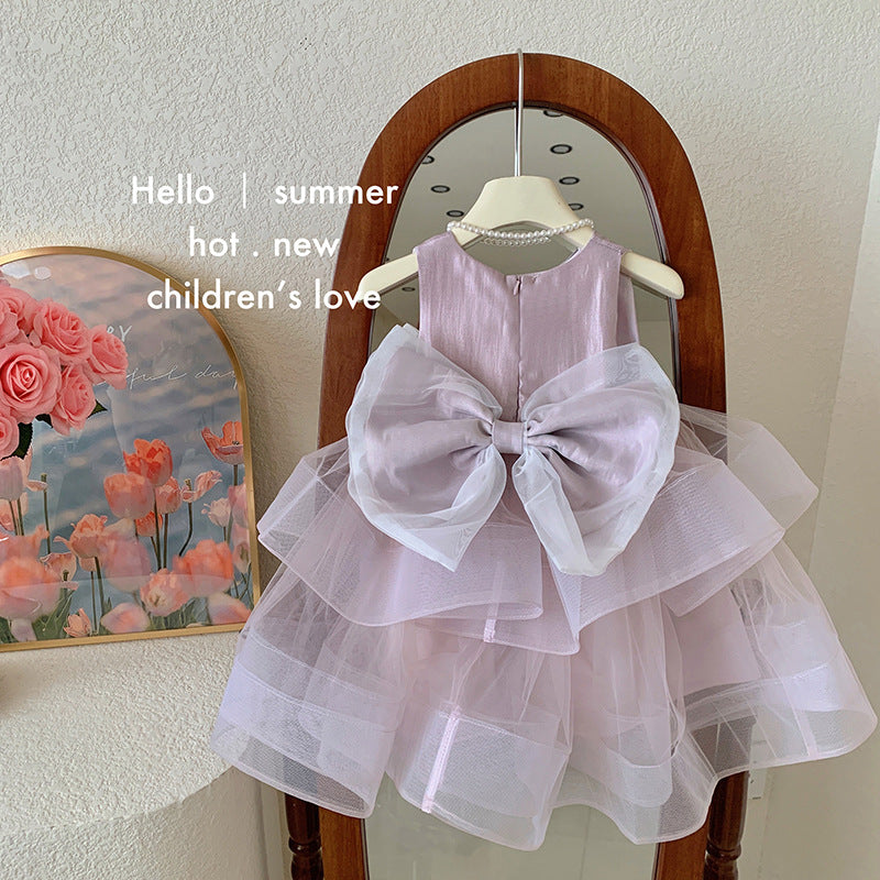 Enchanted Summer Dreams: Girls' Mesh Patchwork Suspender Dress - Disney-Inspired Korean Style