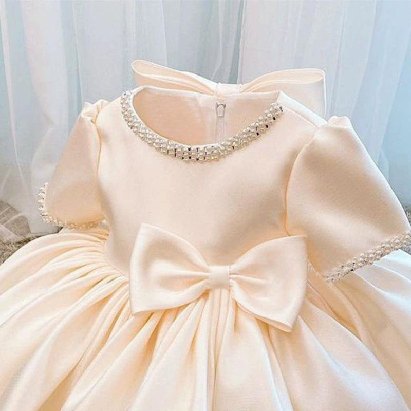 Factory Direct Sale In-Stock Champagne-Colored Satin Girls' Dress with Pearl Bow and Long Sleeves, Baby's First Birthday Princess Dress