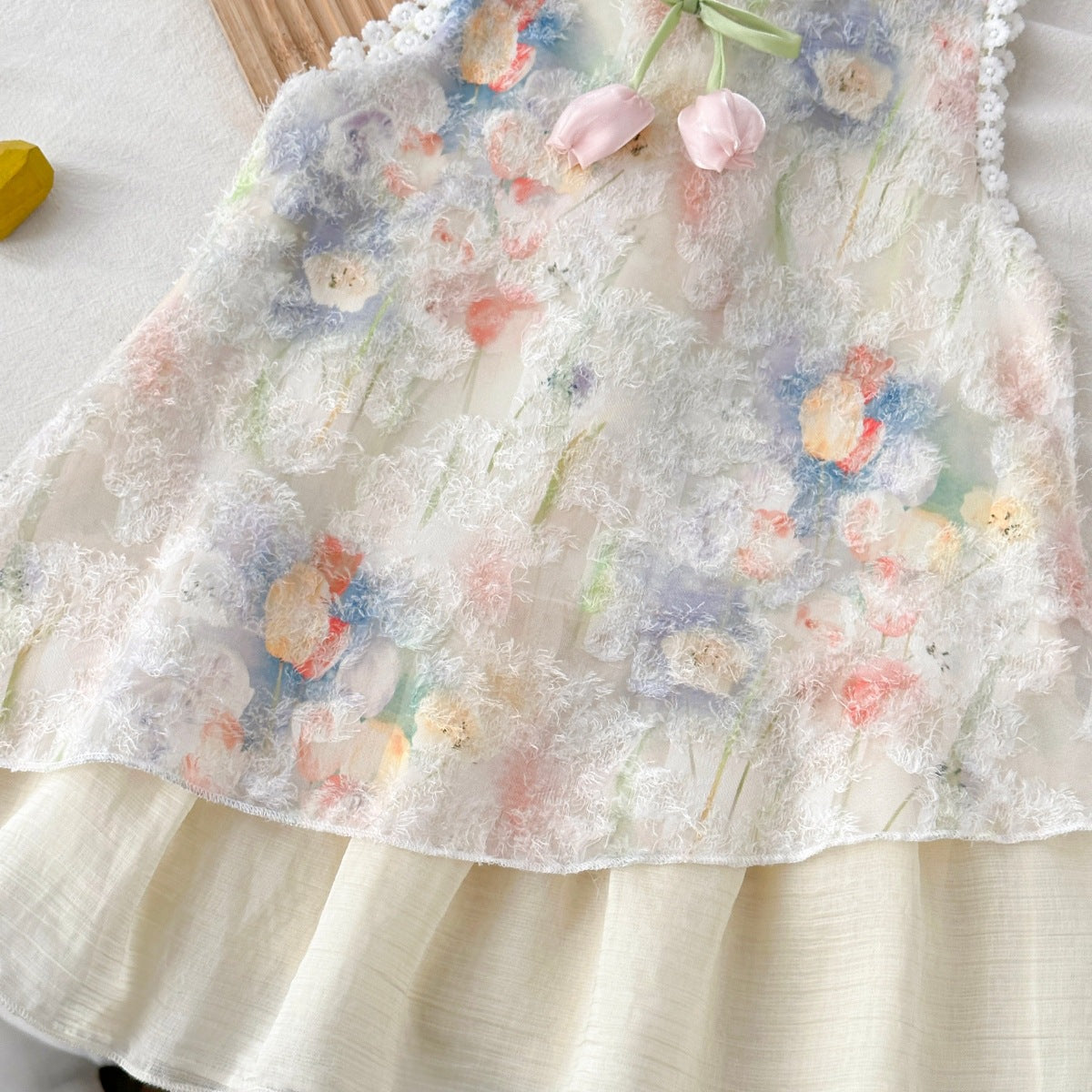 Summer Girls' Dress with Lace Trim, Sleeveless Floral Tank Top Dress, Little Girl's Holiday Style Princess Dress, Cross-Border