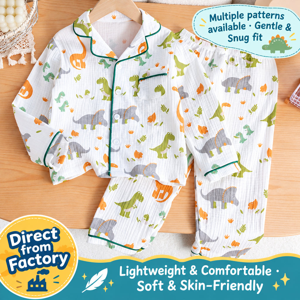 Children's Pajamas Class a Pure Cotton Printed Long-Sleeved Cardigan Lapel Set Cartoon Printed Pajamas Cute Kidsren's Clothing Set