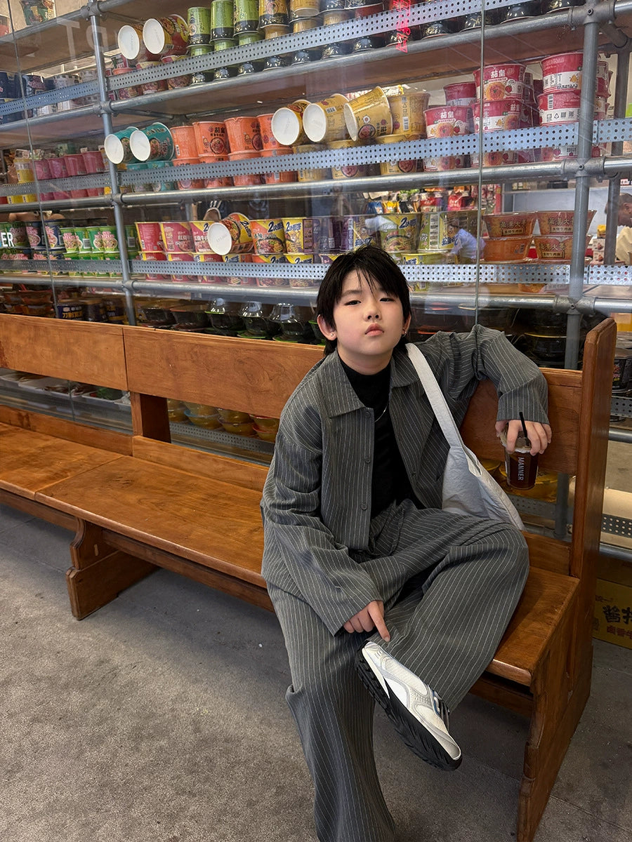 Children's Clothing Wholesale 2026 Autumn New Children's Striped Suit Set Boys' Old Money Style Shirt Casual Two-Piece Set