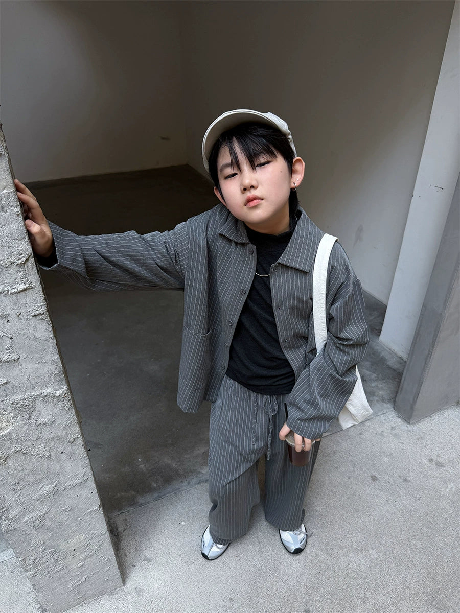 Children's Clothing Wholesale 2026 Autumn New Children's Striped Suit Set Boys' Old Money Style Shirt Casual Two-Piece Set