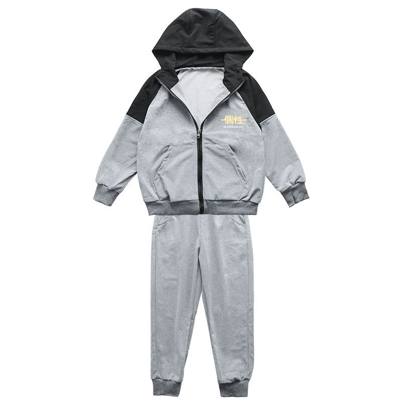 Handsome Boy's Hooded Casual Jacket Boy's Spring and Autumn Wear Sports suit Trendy New Style Mid-Big Kids Fashionable Two-piece Set
