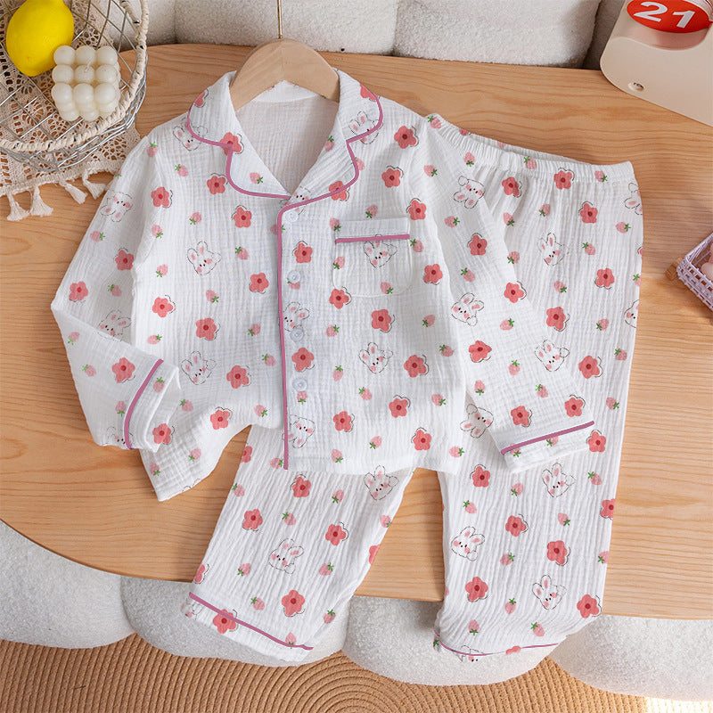 Children's Pajamas Class a Pure Cotton Printed Long-Sleeved Cardigan Lapel Set Cartoon Printed Pajamas Cute Kidsren's Clothing Set