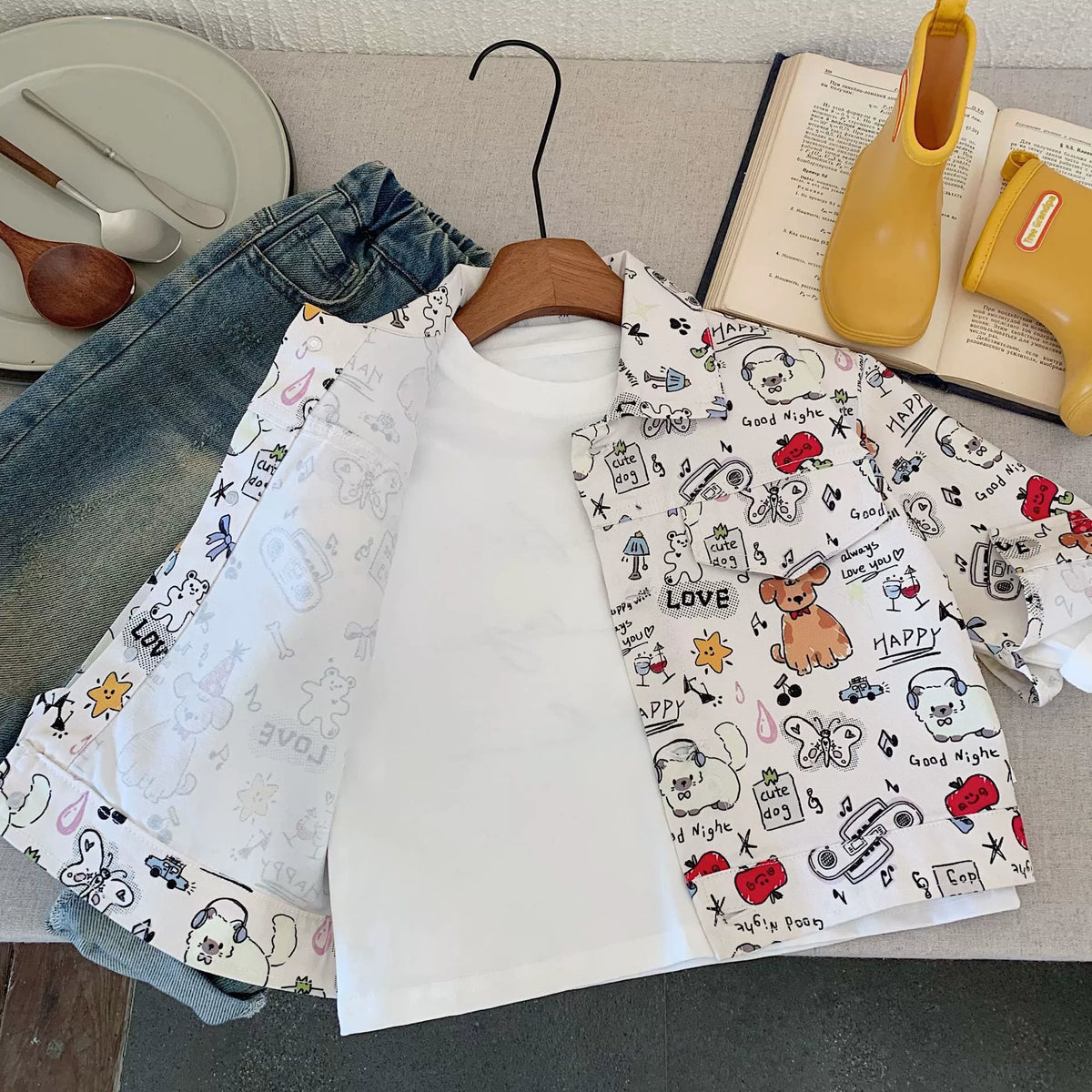 Children's Shirt Bangcheng 2026 Autumn New Cartoon Print Versatile Stylish Jacket for Boys and Girls H0017