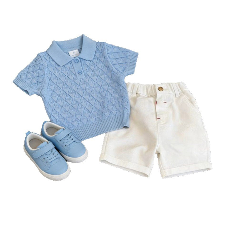 Korean Style Children's Clothing 2026 Summer New Stylish Blue Thin Quilted Hollow-Out Knit Short-Sleeve Casual Pants for Boys and Girls
