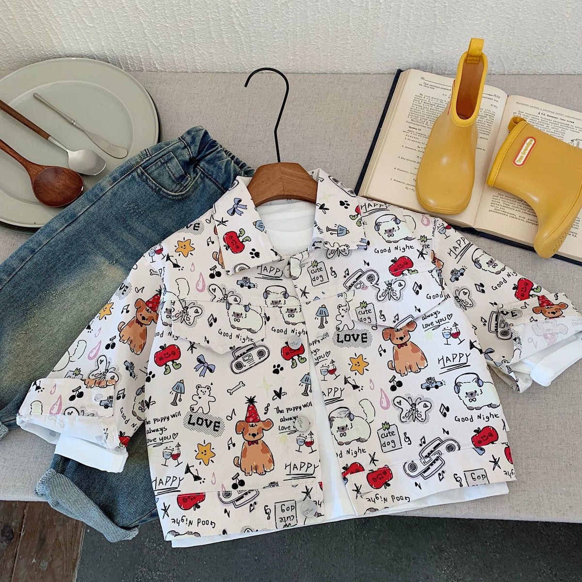 Children's Shirt Bangcheng 2026 Autumn New Cartoon Print Versatile Stylish Jacket for Boys and Girls H0017