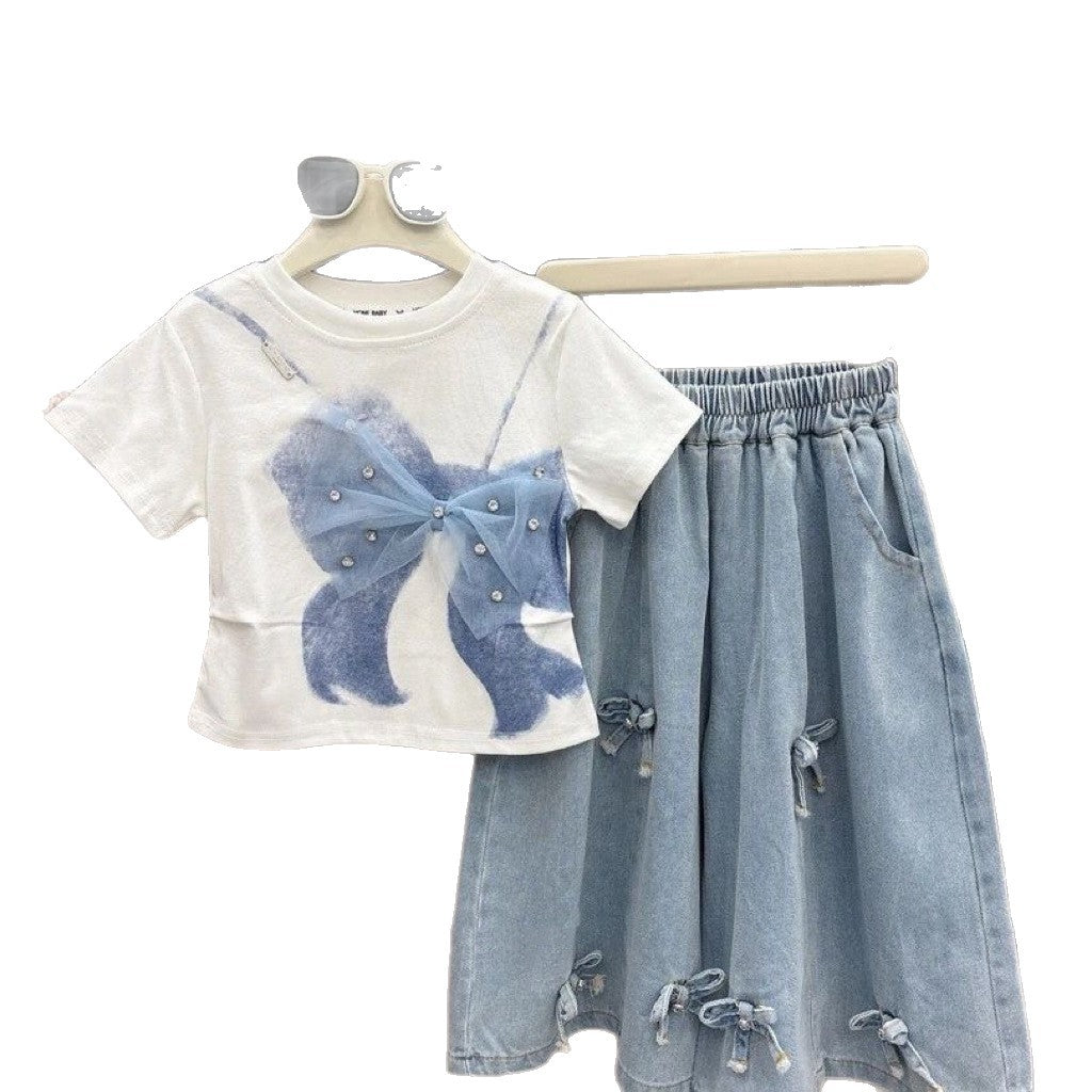 2025 Summer Girls' Three-Dimensional Bow Round Neck Solid Color Short-Sleeve Fashionable Versatile Bow Skirt Pants Two-Piece Set