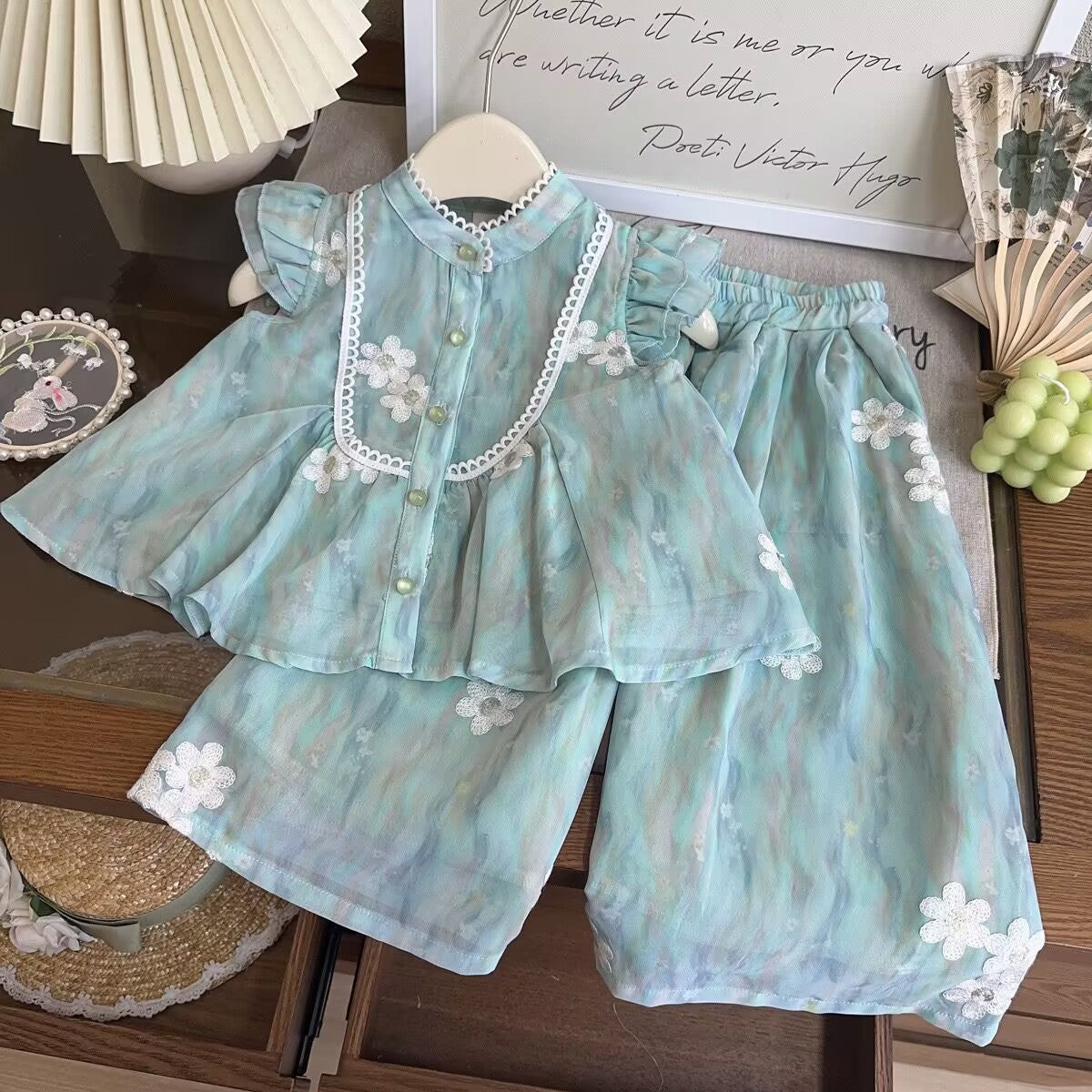 Summer Girls suit Guofeng 2025 New Embroidered Lace Vest Top Wide Leg Pants New Chinese Two-piece Set