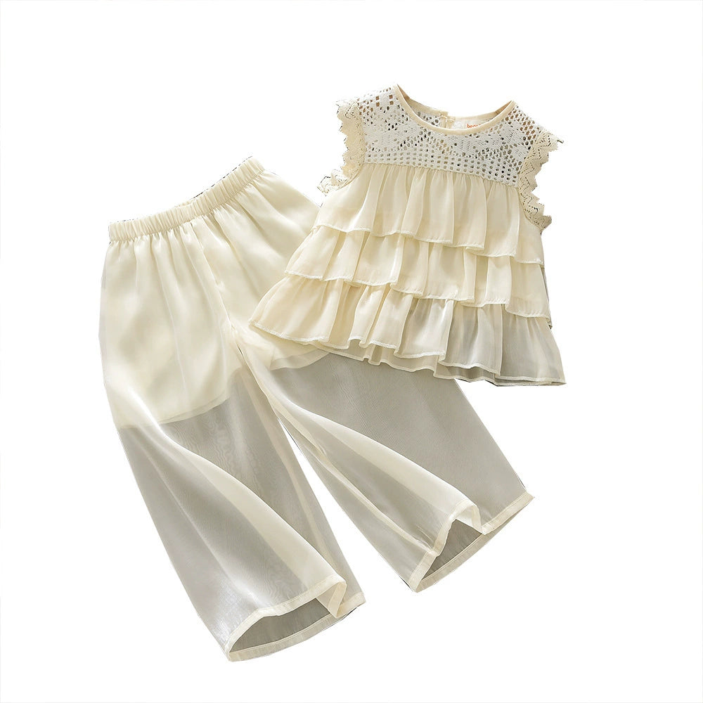 Girls' Summer Outfit 2026 Children's Summer Clothing Baby Girl Lace Sleeveless Vest Wide-Leg Pants Two-Piece Set