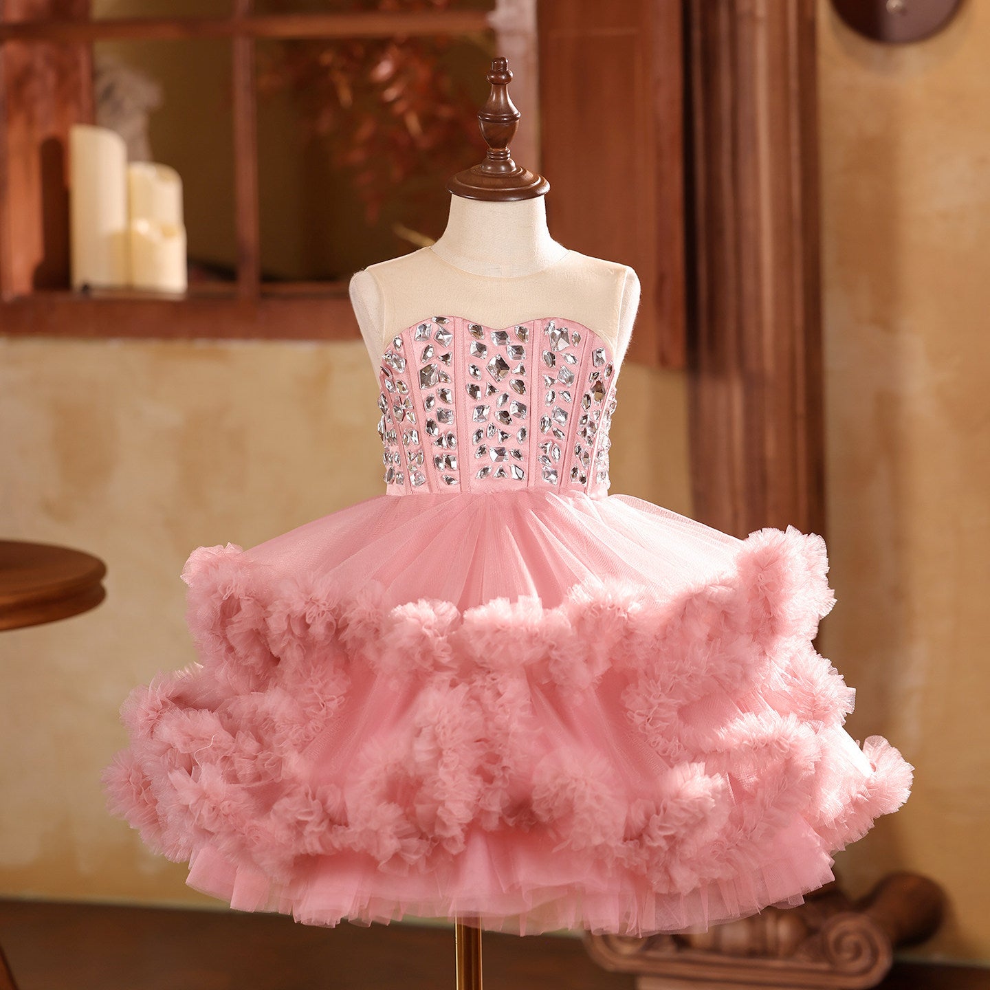 High-End Girls' Formal Dress, Pink Evening Gown, Girls' Puffy Skirt, Light Luxury Niche Host Performance Princess Dress