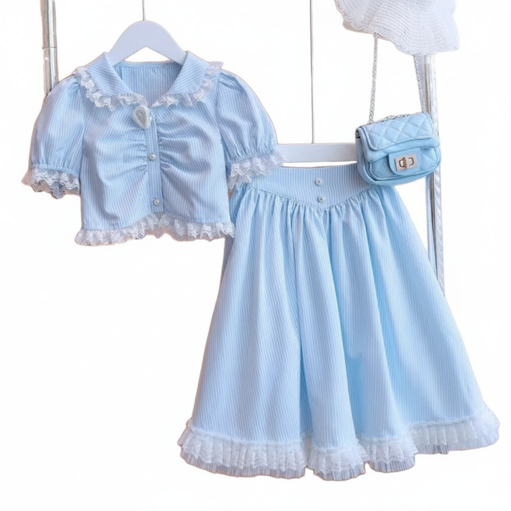Girls' Summer 2026 French Oil Painting Style Lace-Trimmed Doll Collar Top and Long Skirt Two-Piece Set