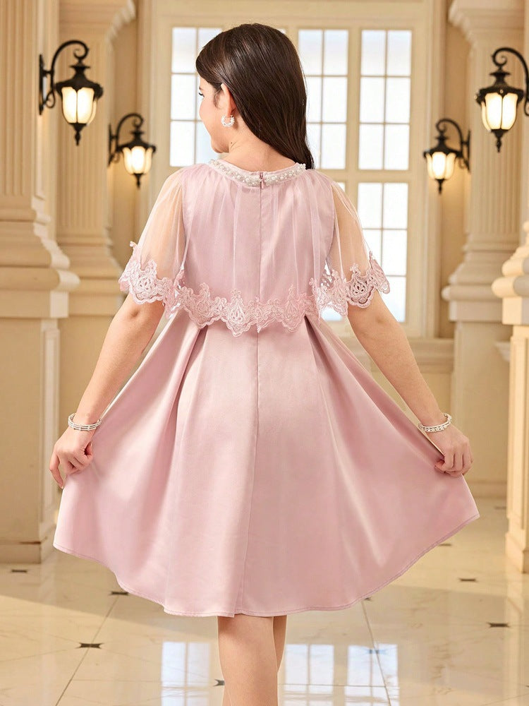 Girls' Soft Pink Lace Beaded Mesh Dress with Small Flying Sleeves and Waist-Cinching Princess Dress