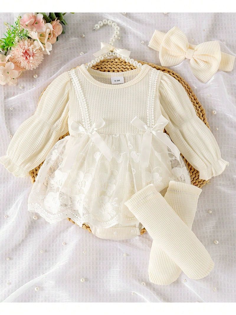 Amazon Foreign Trade Baby and Children's Clothing European and American Style Spring and Autumn Long-Sleeve Mesh Patchwork Romper + Foot Socks + Headband