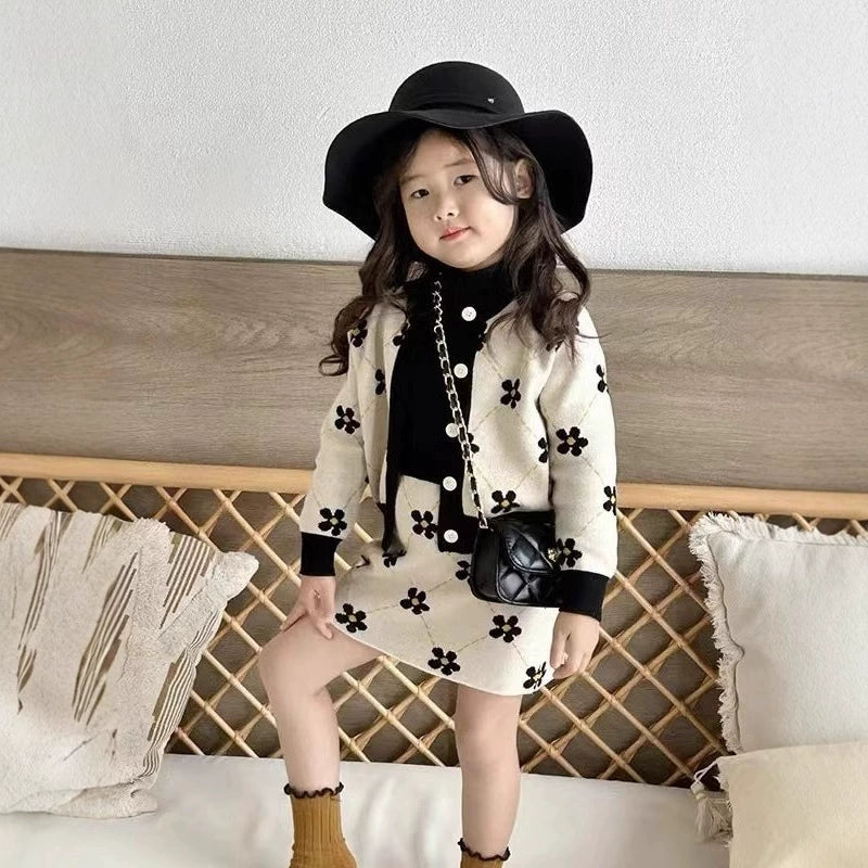 Korean Children's Clothing for Girls, Small Chanel-Style Sweater Set, 2026 Spring and Autumn Stylish Floral Cardigan and Skirt Two-Piece Set