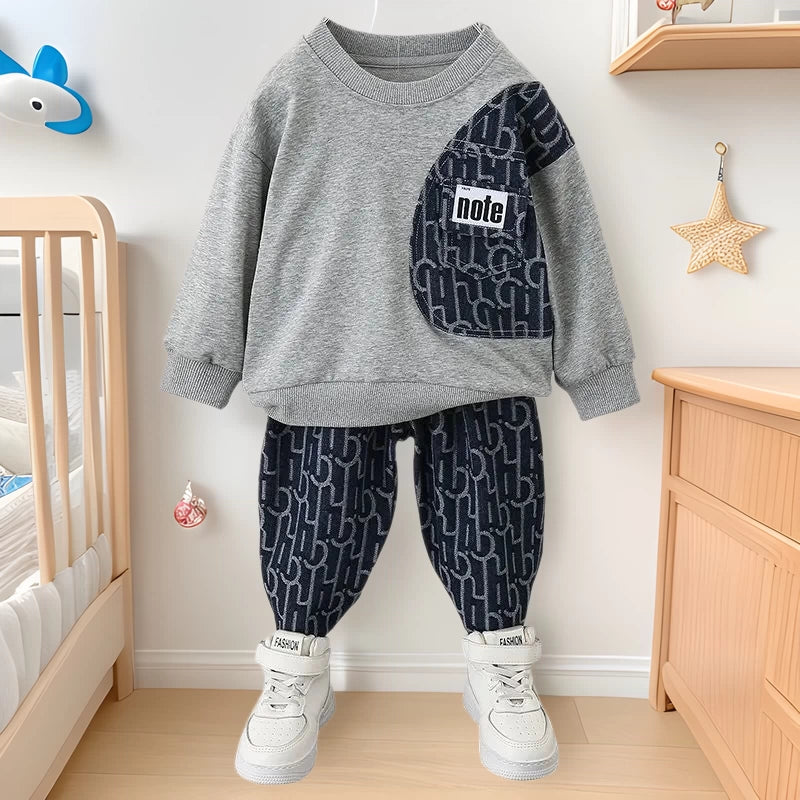 Children's Clothing Boys' Suits Autumn Outfit for Young Children Long-Sleeved Fake Two-Piece Sweatshirt Casual Pants Children's Sportswear Two-Piece Set Trendy