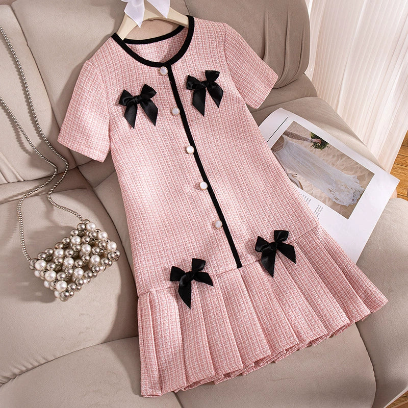 Girls' Summer New 2026 Design Casual Loose-Fitting College-Style Dress with 3D Bow Decoration