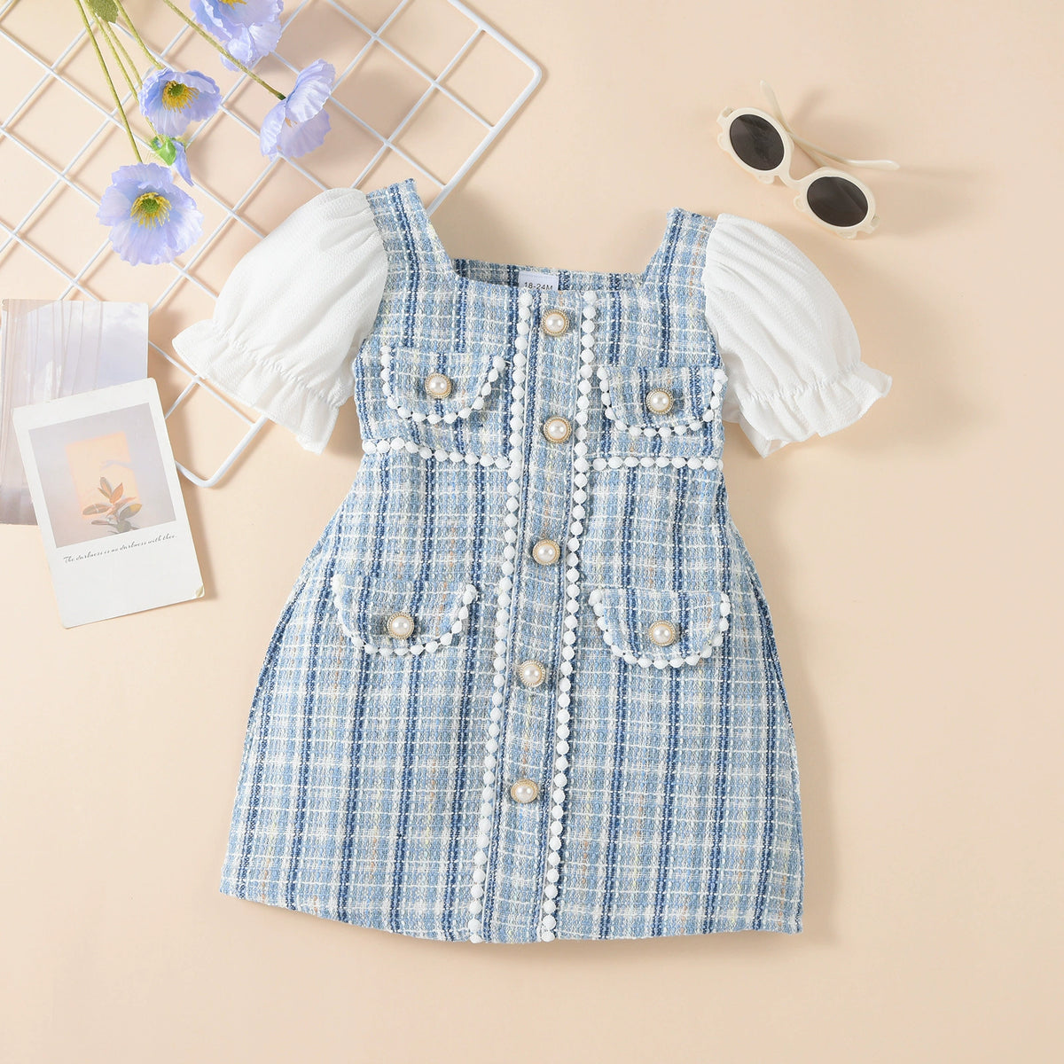 Baoxi children's clothing summer hot Chanel style chunky plaid pearl buckle decorative stitching puff sleeve girl dress