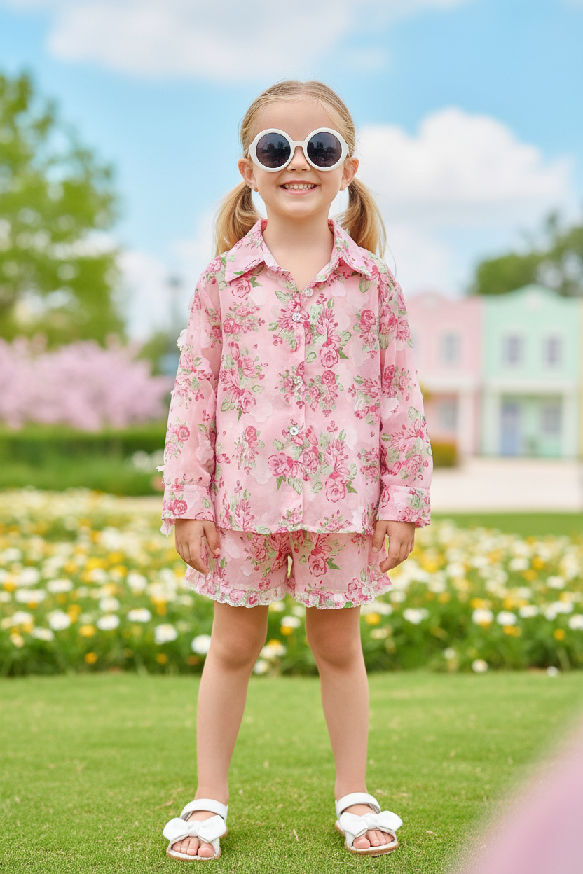 Girls' Korean Floral Sun Protection Two-Piece Set — Long-Sleeve Shirt & Shorts