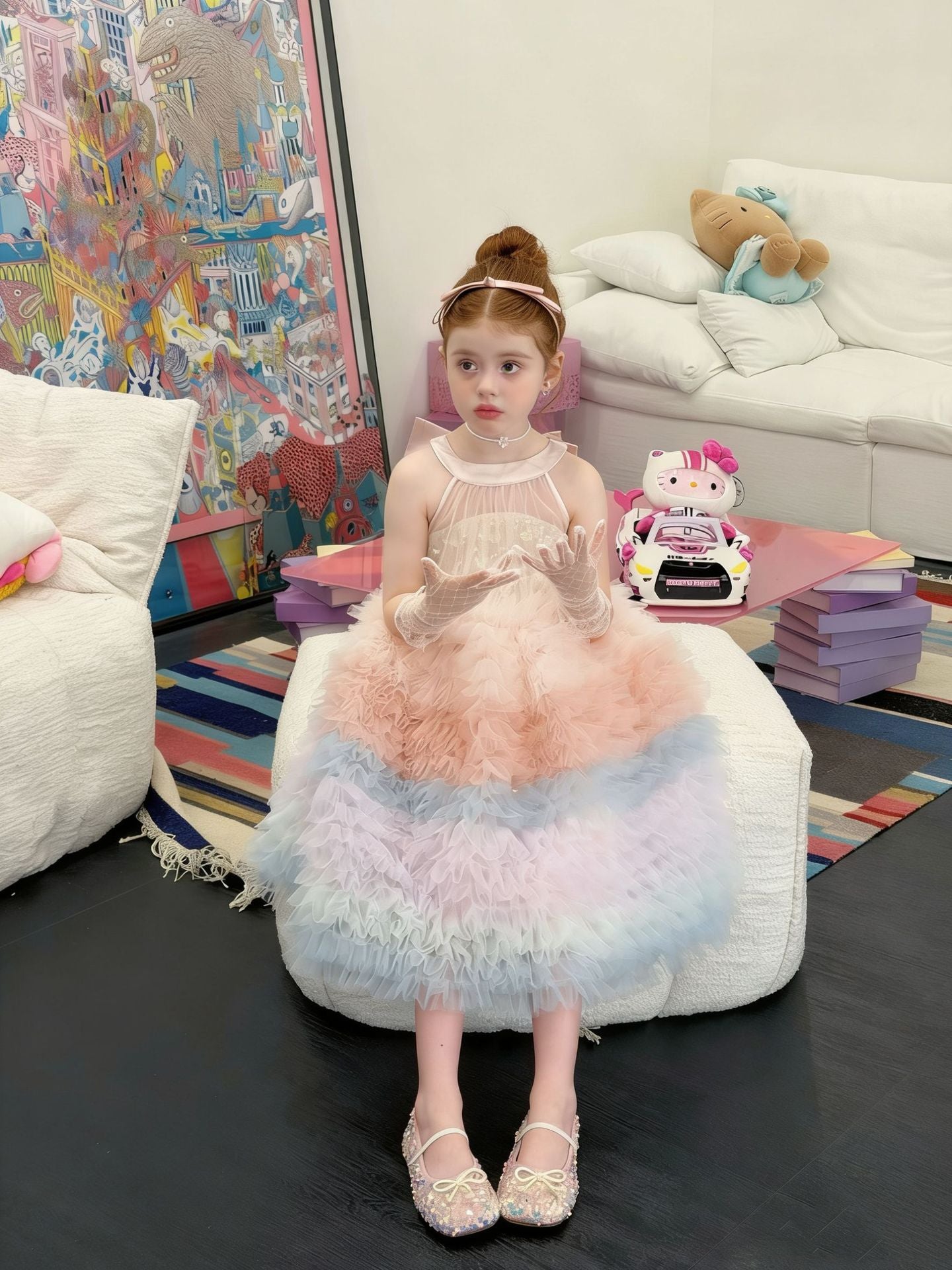 Girls' Gradient Mesh Cake Skirt Summer Halter Neck Sleeveless Princess Dress Children's Birthday Dress Stylish Puffy Skirt