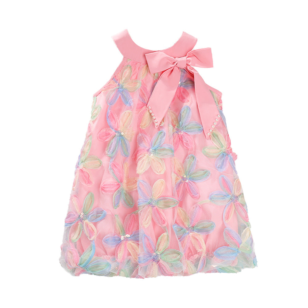 2026 New Summer Style Girls' Korean-Style Three-Dimensional Petal Patchwork Ultra-Fairy Large Bow Pearl Stylish Dress