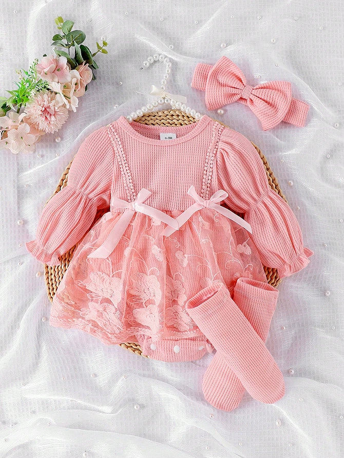 Amazon Foreign Trade Baby and Children's Clothing European and American Style Spring and Autumn Long-Sleeve Mesh Patchwork Romper + Foot Socks + Headband