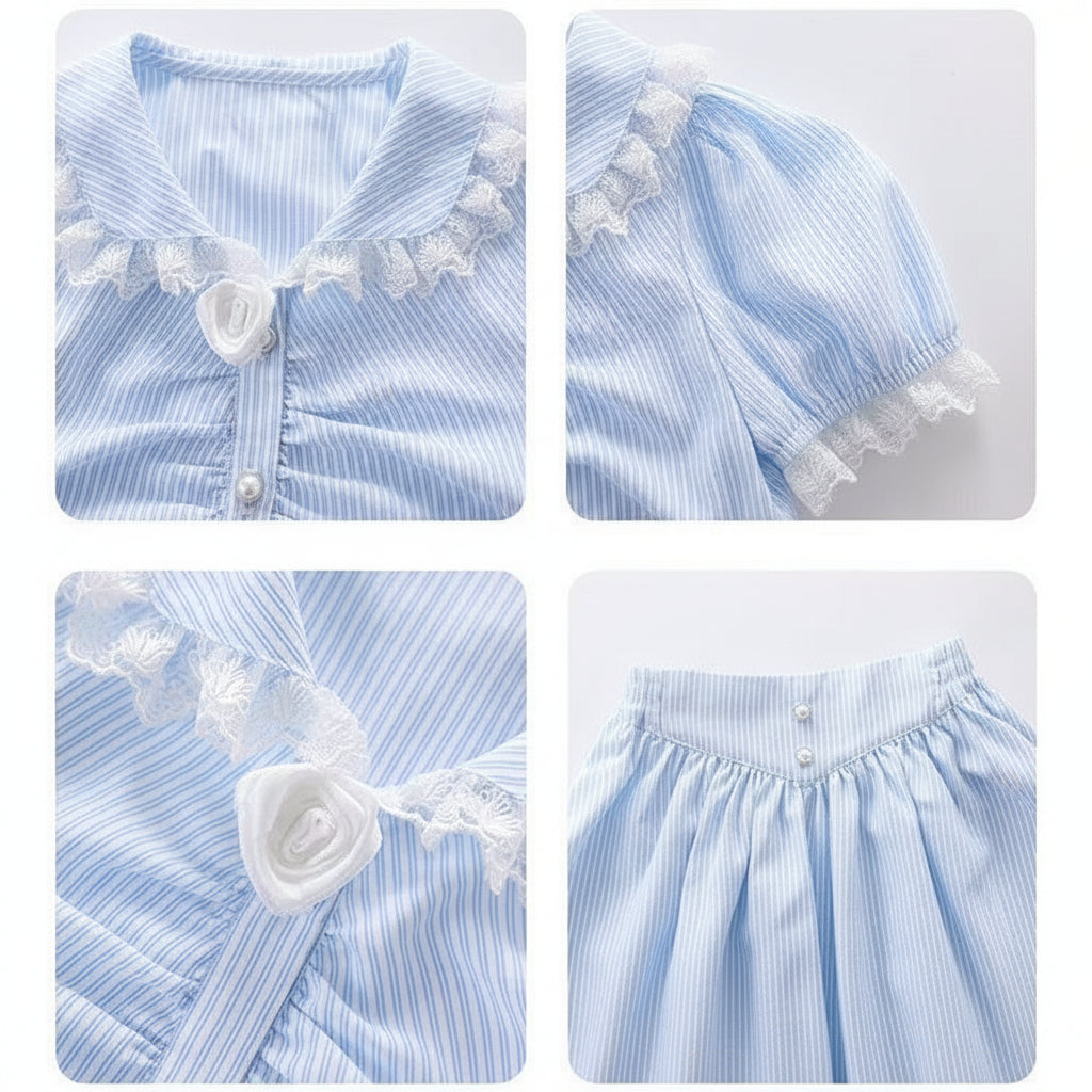 Girls' Summer 2026 French Oil Painting Style Lace-Trimmed Doll Collar Top and Long Skirt Two-Piece Set