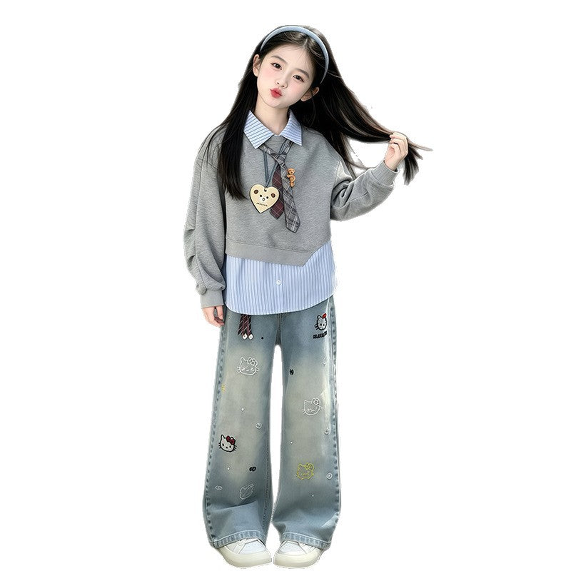 Girls' Spring and Autumn Sweatshirt Set 2026 New Style for Older Girls, Casual Top and Children's Denim Wide-Leg Pants Two-Piece Set