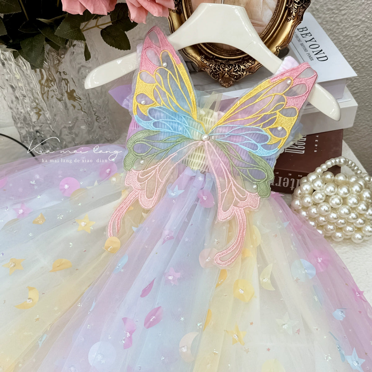 Girls' Dress 2025 Summer Butterfly Sequin Stylish Birthday Dress Princess Dress Little Girl Rainbow Dress