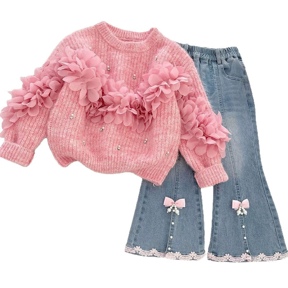 Korean Style Girls' Sweater Set Autumn 2026 Three-Dimensional Floral Knit Sweater and Flared Jeans Two-Piece Trendy Set