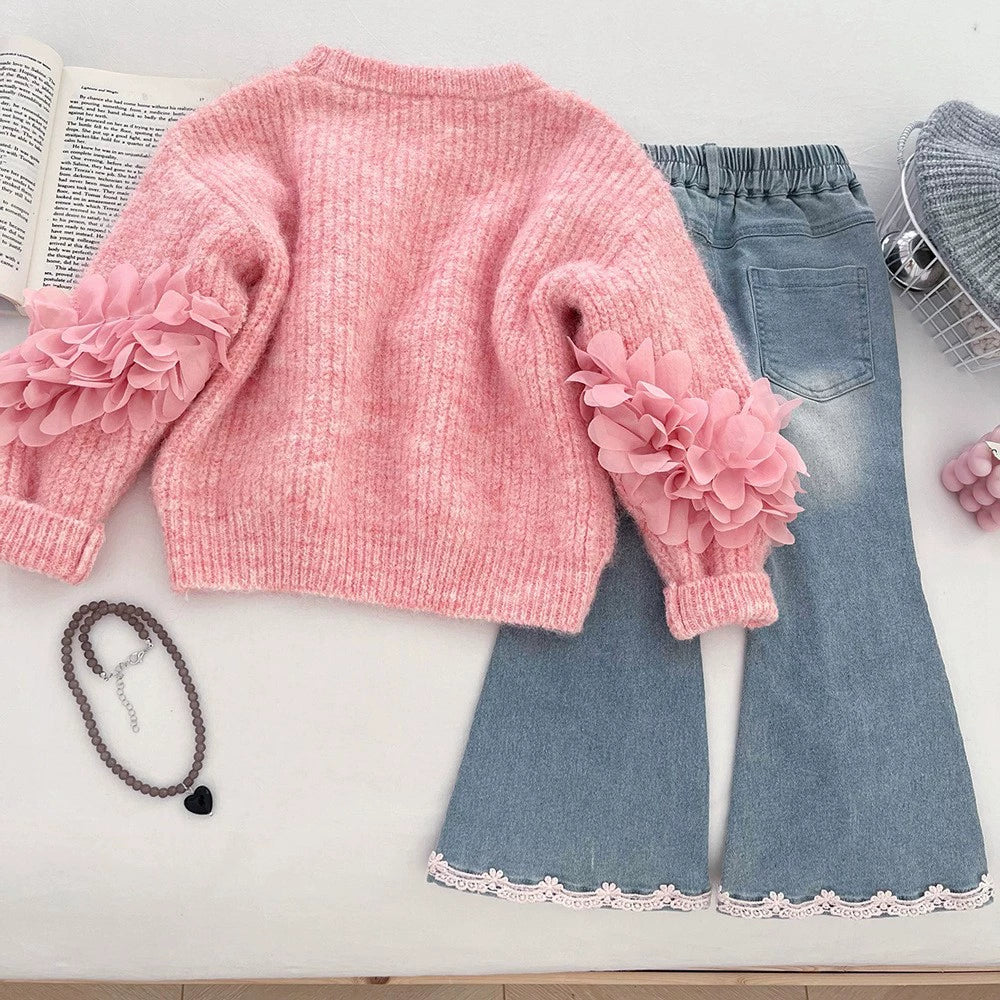 Korean Style Girls' Sweater Set Autumn 2026 Three-Dimensional Floral Knit Sweater and Flared Jeans Two-Piece Trendy Set