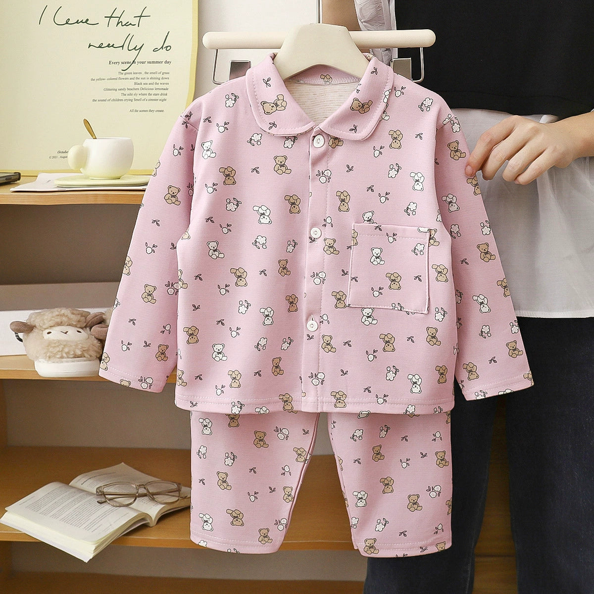 Children's Autumn and Winter Pajamas, Boys' and Girls' Wool and Silk Home Wear Set, Toddler's Turn-down Collar Cardigan Two-piece Set