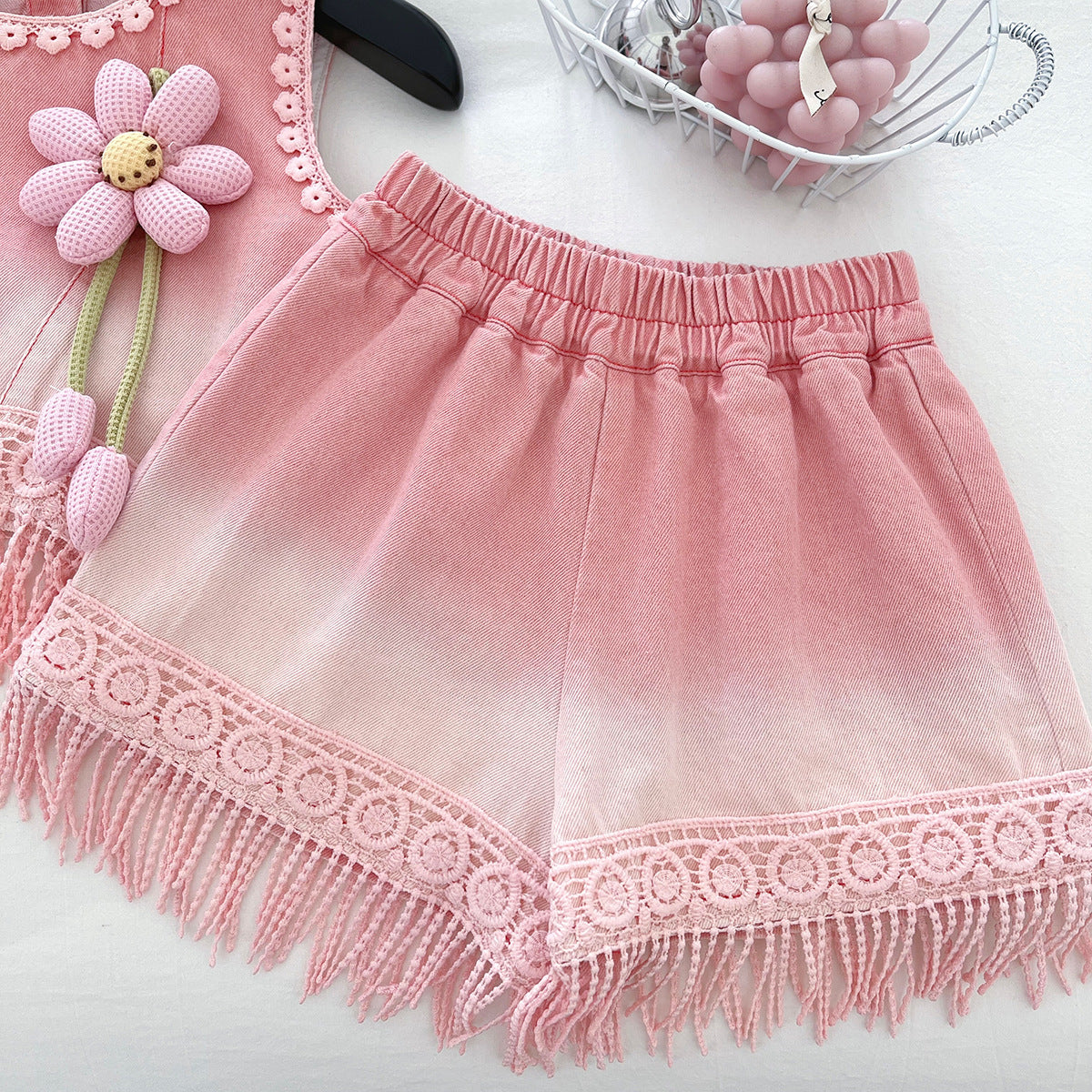 2025 New Summer Korean Style Girls Pink Bow Tassel Shorts Denim Baby Cute Suit