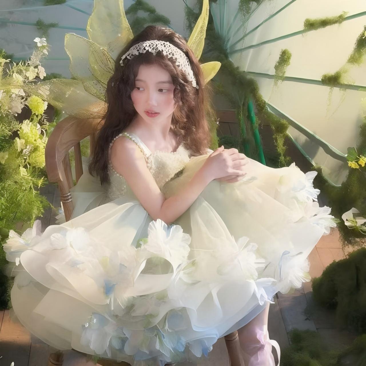 Girls' Floral Princess Dress, Summer Style, Super Fairy Green Fairyland Dress, Birthday Dress, Lolita Tutu Dress