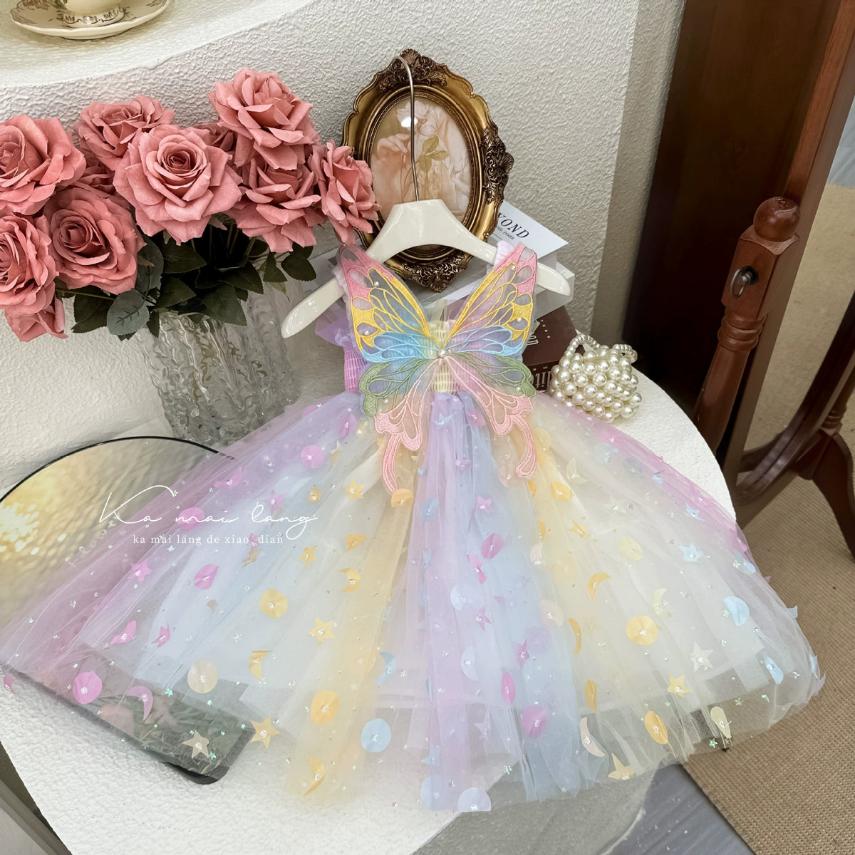 Girls' Dress 2025 Summer Butterfly Sequin Stylish Birthday Dress Princess Dress Little Girl Rainbow Dress