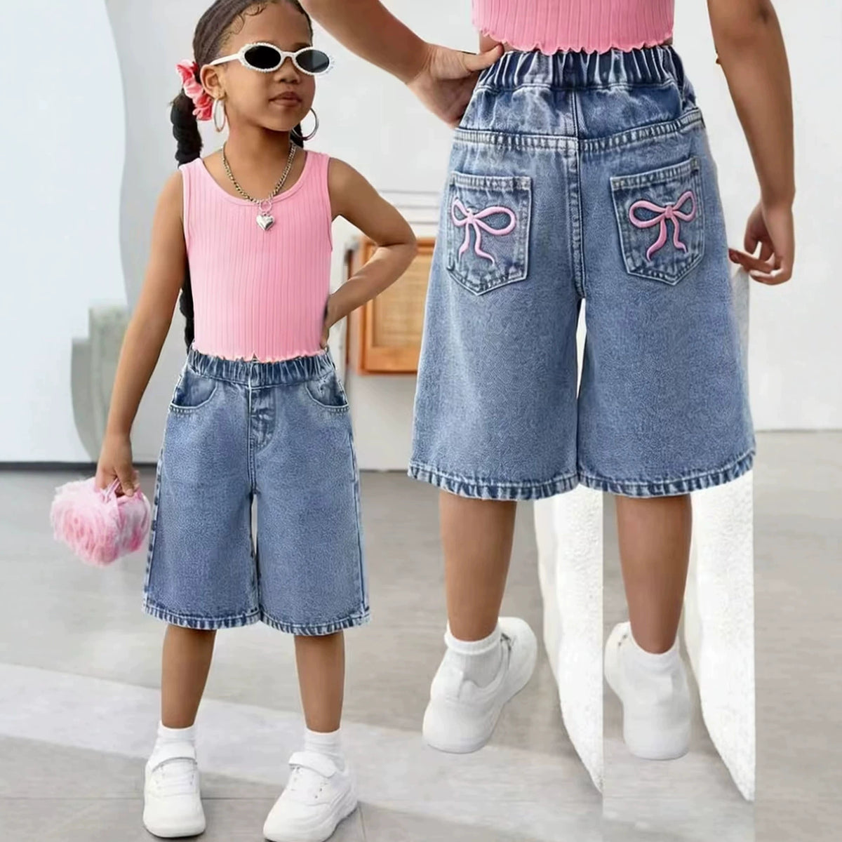 Girls' denim shorts for summer, versatile new style for older children, thin, stylish, loose, casual mid-length pants
