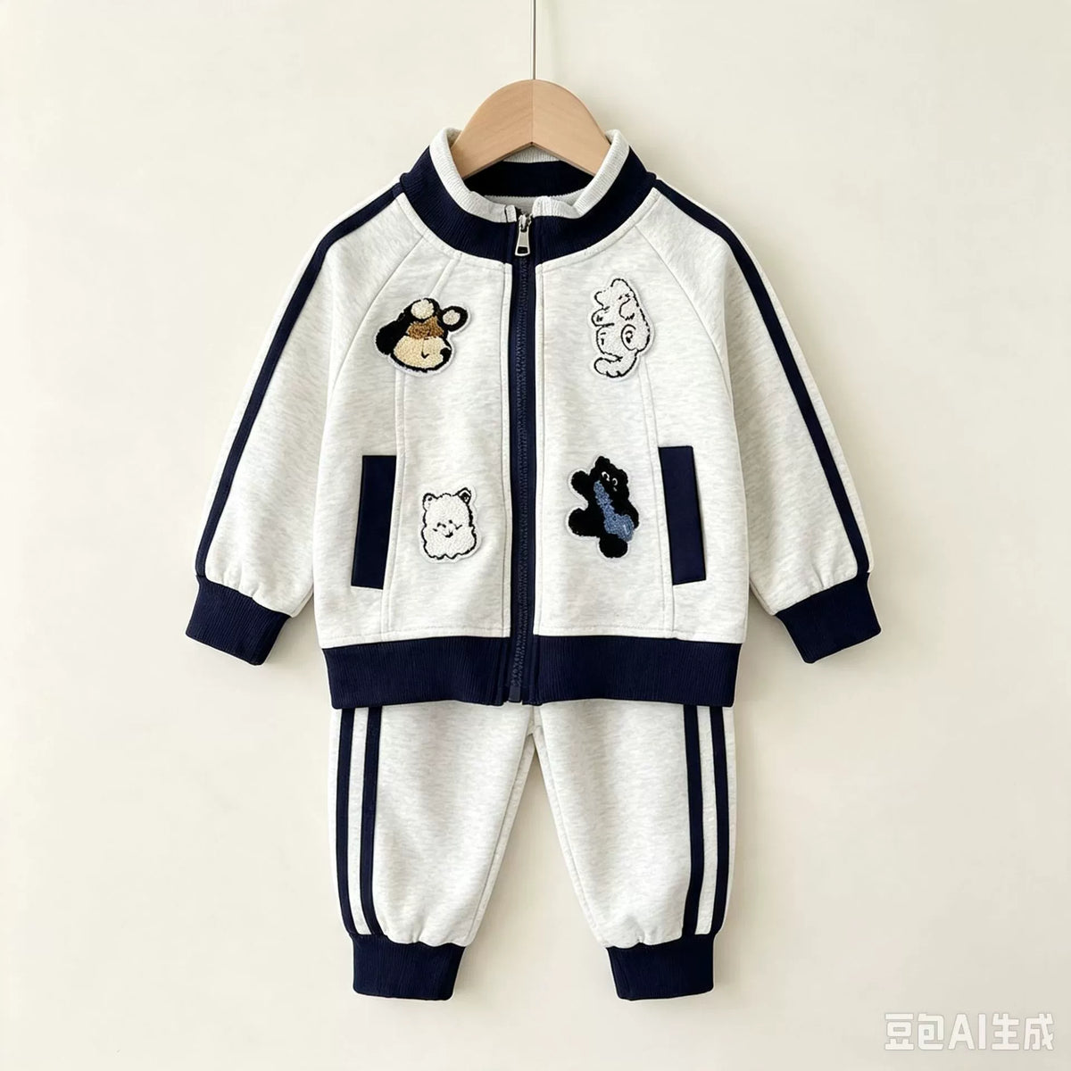 Spring and Autumn New Style Boys and Girls Stand Collar Towel Embroidery Raglan Sports Set, Cartoon Stylish Casual Two-Piece Set for Young Children