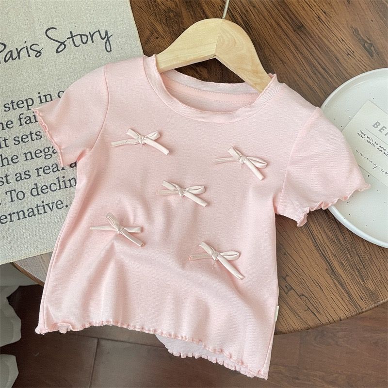 Girls' Summer Outfit 2026 New Korean Style Bowknot Short-Sleeve T-Shirt with Plaid Lace Wide-Leg Pants Two-Piece Set