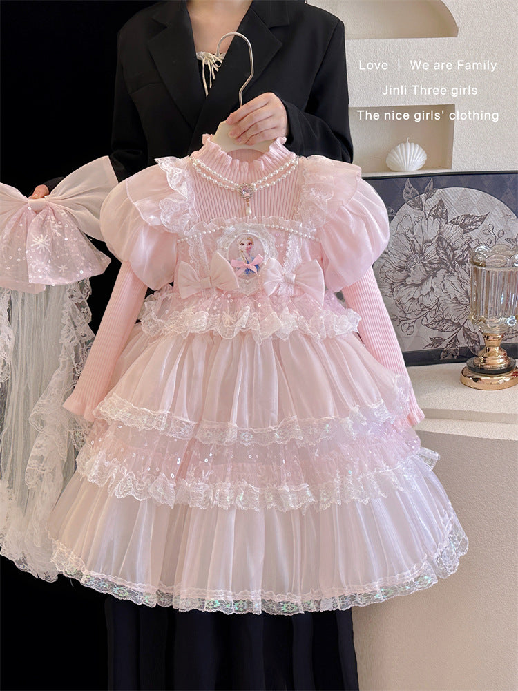 Frozen Elsa Princess Dress Girls' 2026 Autumn and Winter Korean Style Children's Sweater Dress Cake Mesh Skirt