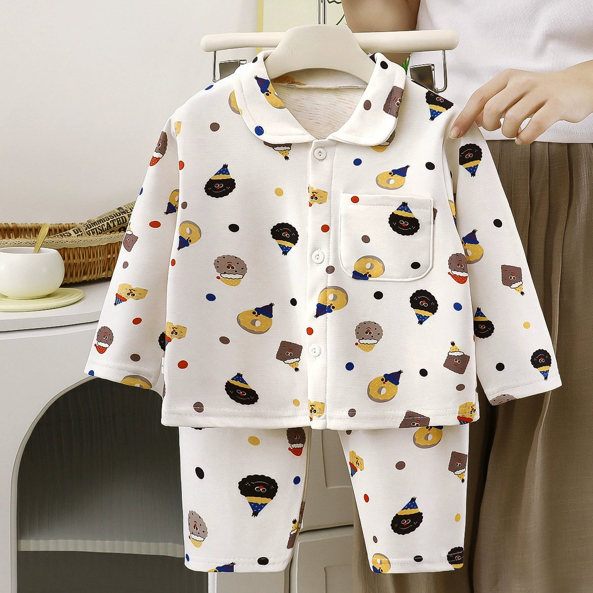Children's Autumn and Winter Pajamas, Boys' and Girls' Wool and Silk Home Wear Set, Toddler's Turn-down Collar Cardigan Two-piece Set