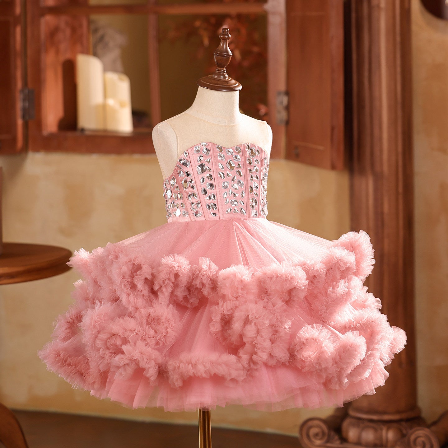 High-End Girls' Formal Dress, Pink Evening Gown, Girls' Puffy Skirt, Light Luxury Niche Host Performance Princess Dress