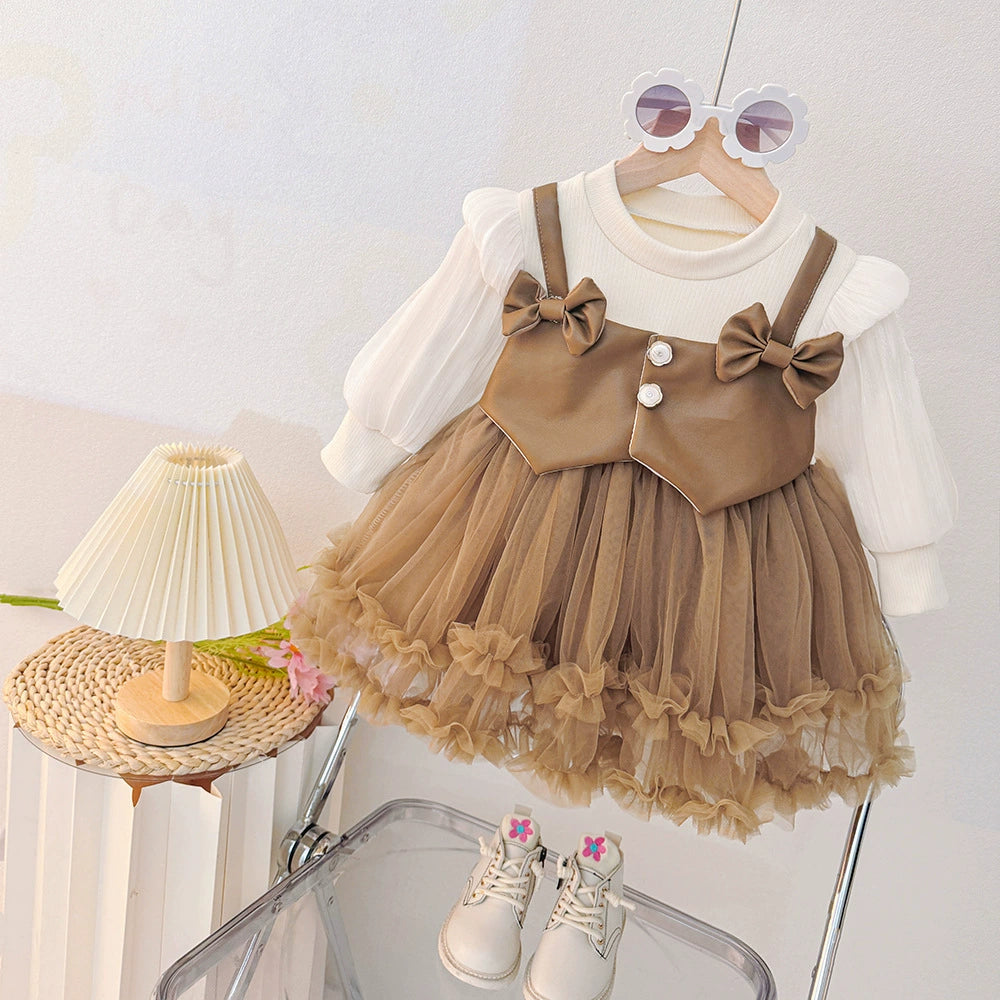 Spring Girls Dress 2025 New Mesh Long-Sleeved Spring Korean Style Fashionable Pure Color Foreign Style Baby Girl Skirt