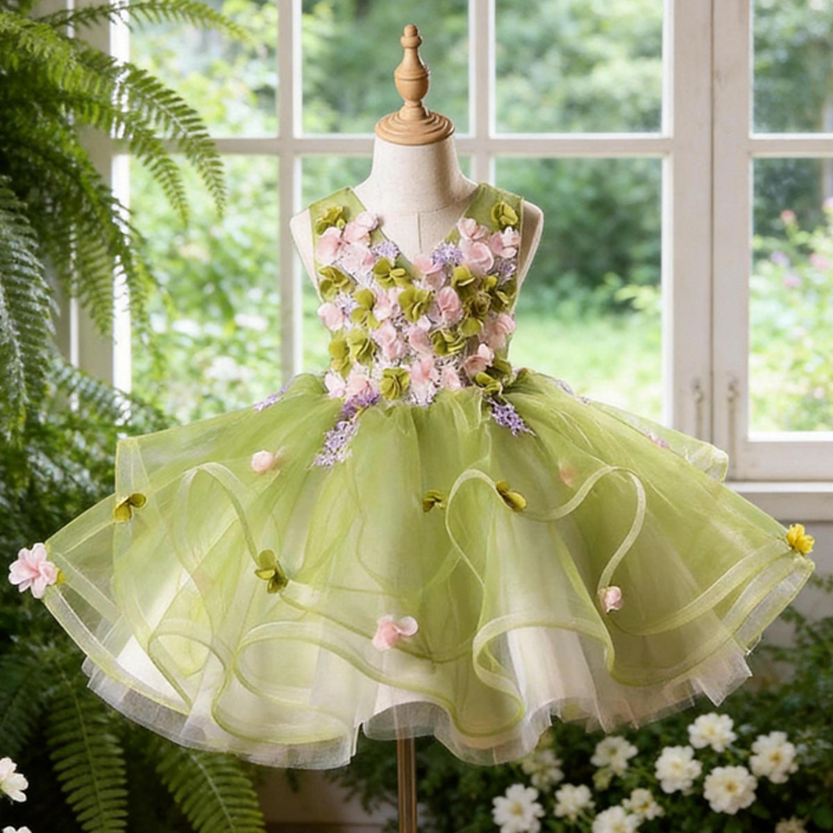 Forest-Style Little Girl Princess Dress with Puffy Tulle, High-End Birthday Flower Girl Wedding Dress, Children's Host Piano Flower Fairy Gown