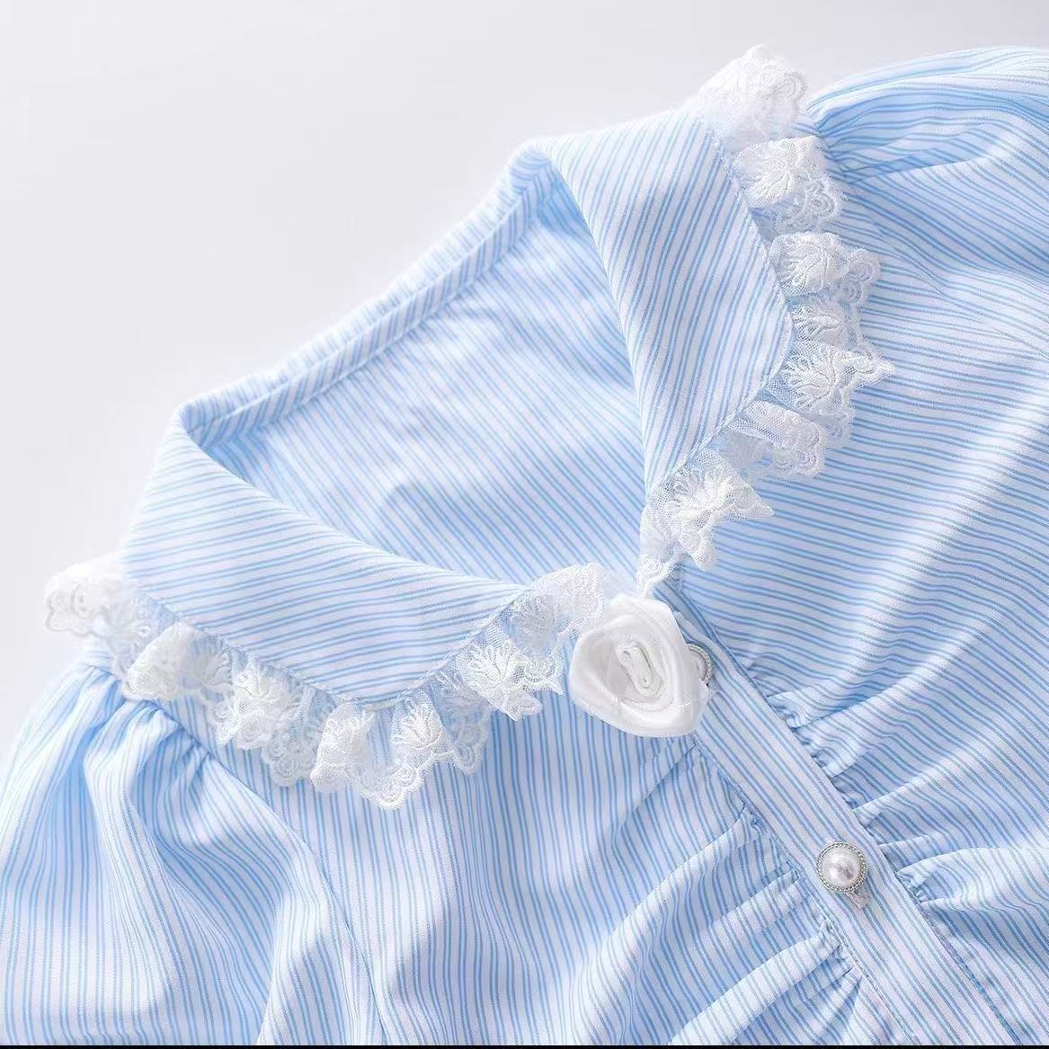 Girls' Summer 2026 French Oil Painting Style Lace-Trimmed Doll Collar Top and Long Skirt Two-Piece Set