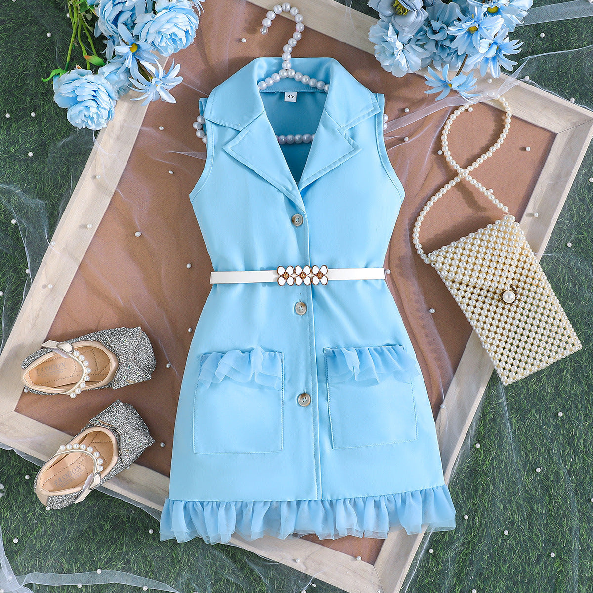 2026 New Product a Cross-Border Summer New Style Girls' Solid Color Sleeveless Suit Fashion Dress + Belt Two-Piece Set