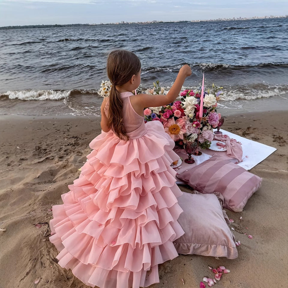 Halter Neck Sweet Cake Dress 2026 Spring New Style Light Pink Fashionable Sleeveless Children's Runway Dress Factory Product