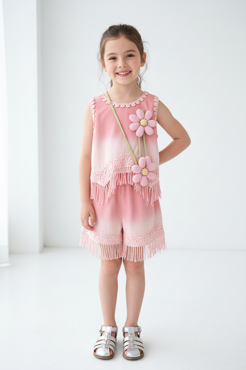 Girls' Pink Bow Tassel Denim Shorts Suit — Korean Style Sleeveless Top & Shorts Two-Piece Set | Summer 2025