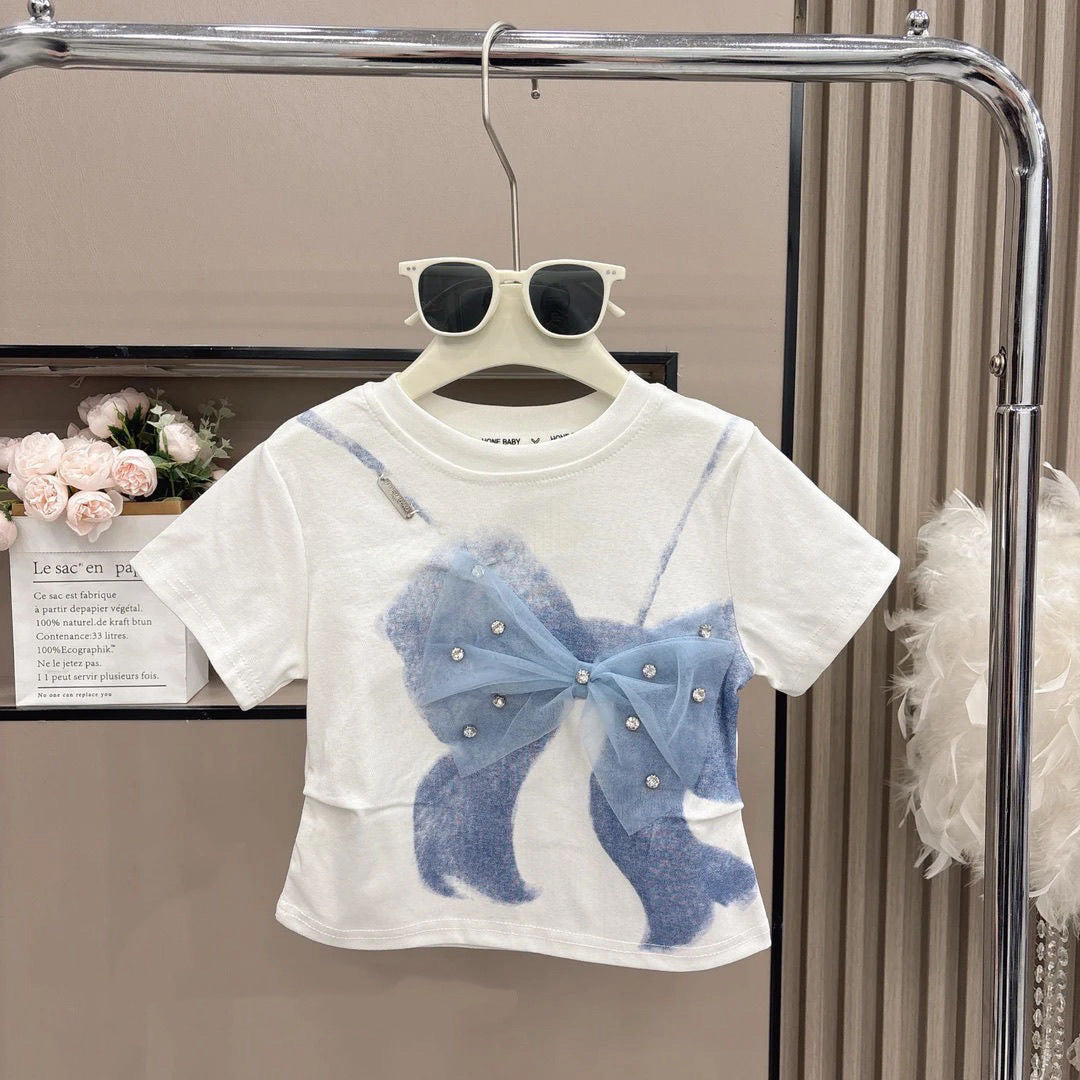 2025 Summer Girls' Three-Dimensional Bow Round Neck Solid Color Short-Sleeve Fashionable Versatile Bow Skirt Pants Two-Piece Set