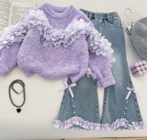 Korean Style Girls' Sweater Set Autumn 2026 Three-Dimensional Floral Knit Sweater and Flared Jeans Two-Piece Trendy Set
