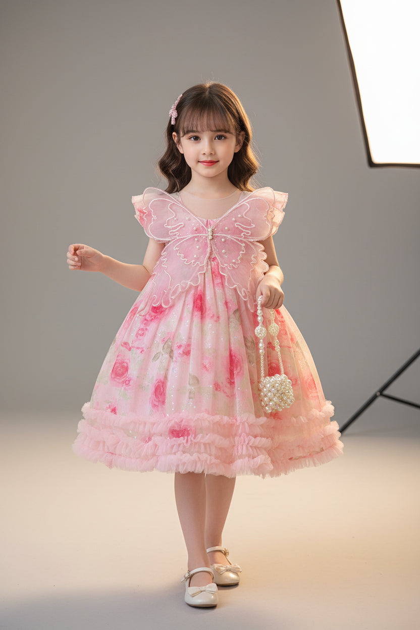 Girls' Winged Princess Dress Summer Dress 2026 New Style Kidsren's Birthday Dress Dress Fashionable Girl Pink Dress
